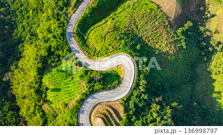Aerial View of a Serpentine Mountain Road Through Lush Green Forests 136998797