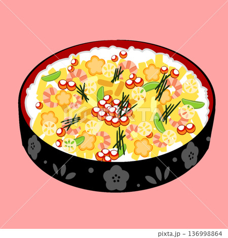 ひな祭りを彩るちらし寿司のイラストアイコン(ピンク背景) 136998864