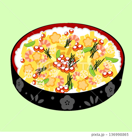 ひな祭りを彩るちらし寿司のイラストアイコン(緑背景) 136998865