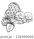 Black and white line art illustration of waffles with ice cream scoops and strawberries. Hand drawn dessert composition in ink style for cafe menus, confectionery branding and packaging design. 136999008