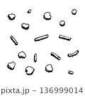 Black and white line art illustration of scattered candy, hearts and sweet elements. Hand drawn dessert icons in ink style for seamless patterns, Valentine designs, packaging and festive prints. 136999014