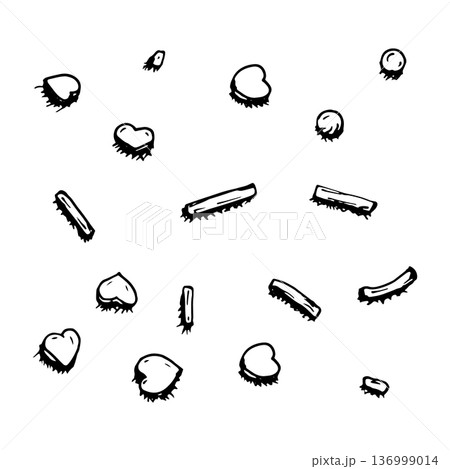Black and white line art illustration of scattered candy, hearts and sweet elements. Hand drawn dessert icons in ink style for seamless patterns, Valentine designs, packaging and festive prints. Black and white line art illustration of scattered candy, hearts and sweet elements. Hand drawn dessert icons in ink style for seamless patterns, Valentine designs, packaging and festive prints. 136999014