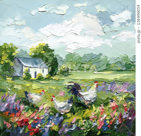 Farmhouse chickens colorful wildflowers countryside garden textured impasto palette knife painting with rustic cabin summer field. Farmhouse chickens colorful wildflowers countryside garden textured impasto palette knife painting with rustic cabin summer field. 136999054