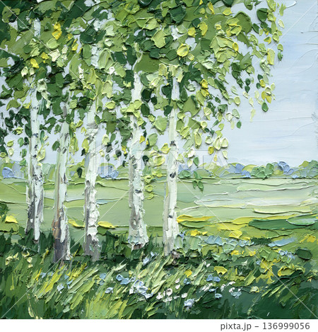 Birch trees spring meadow landscape textured impasto palette knife painting with green field and soft blue sky 136999056
