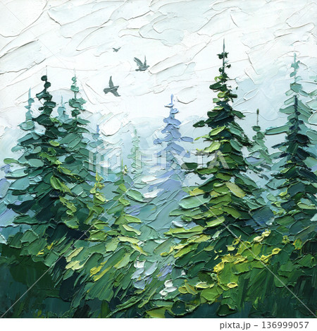 Evergreen pine forest landscape with misty sky and flying birds textured impasto palette knife painting in green tones Evergreen pine forest landscape with misty sky and flying birds textured impasto palette knife painting in green tones 136999057