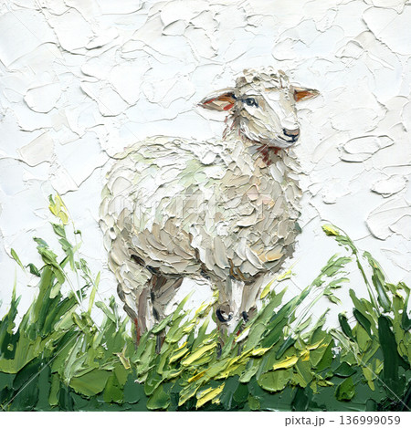 Lamb grazing green grass textured impasto palette knife painting on white background with cute farm animal portrait 136999059