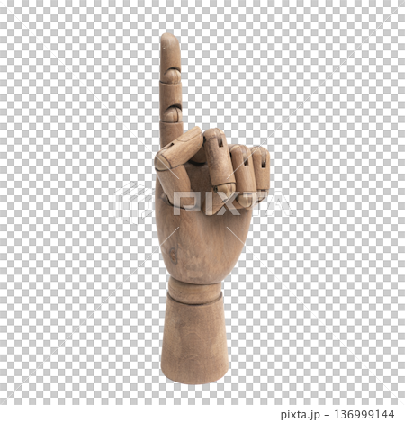 a wooden hand making the pointing gesture with the index finger a wooden hand making the pointing gesture with the index finger 136999144