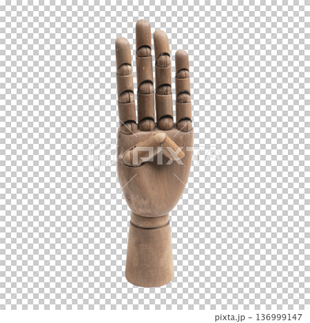 a wooden hand making a four-finger gesture a wooden hand making a four-finger gesture 136999147
