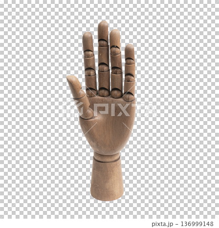 a wooden hand making a five-finger gesture a wooden hand making a five-finger gesture 136999148