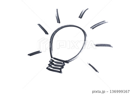 a lit light bulb drawn with a black marker 136999167