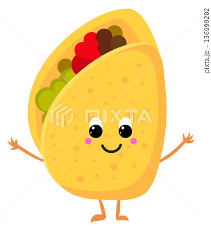 Happy taco character. Cartoon food smiling mascot Happy taco character. Cartoon food smiling mascot 136999202