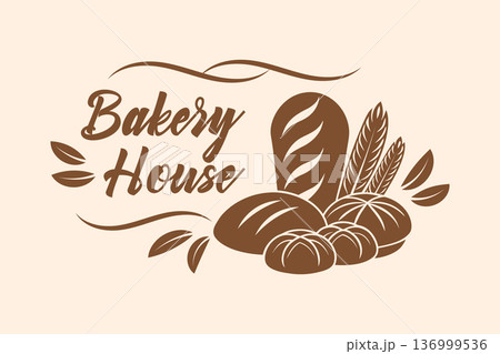 Bakery shop logo. Vintage bakery house logo with assorted breads and wheat. 136999536