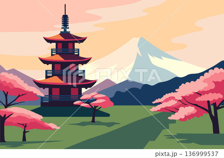 Serene Japanese landscape with Pagoda, mountains and cherry blossoms. Scenic illustration. 136999537