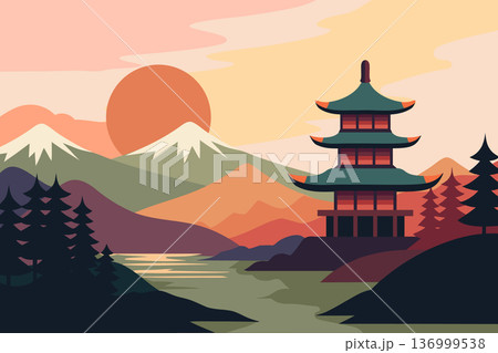 Traditional Japanese pagoda in a mountainous sunset landscape. Scenic illustration. 136999538