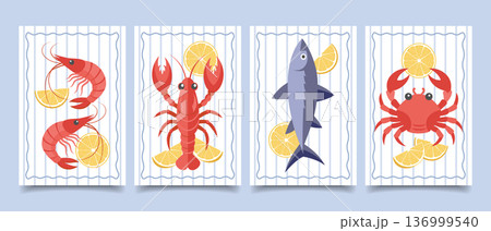 Set of cards with fresh seafoods with lemon slices. Collection of Italian cuisine posters. Mediterranean menu cards set. Set of cards with fresh seafoods with lemon slices. Collection of Italian cuisine posters. Mediterranean menu cards set. 136999540