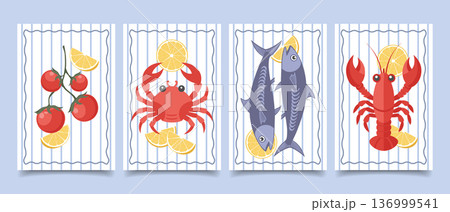 Set of cards with fresh seafoods with lemon slices. Sardines, crab, lobster. Collection of Italian cuisine posters. Mediterranean menu cards set. 136999541