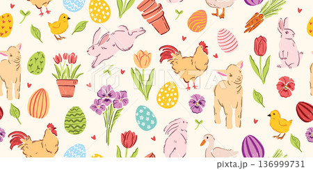 Spring Easter seamless pattern, holiday traditional repeat texture hand drawn childish cartoon print 136999731