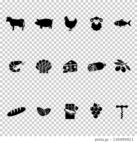 與葡萄酒搭配的食材和菜餚圖示集（牛肉、豬肉、起司、小吃等） 136999921