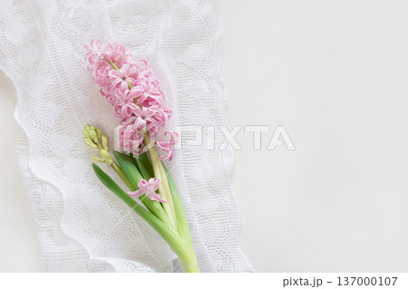 Spring morning breakfast, coffee, milk jug and cake with decor of pink hyacinth. 137000107