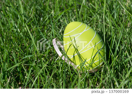 Easter painted eggs with ribbon on green grass. Easter painted eggs with ribbon on green grass. 137000169