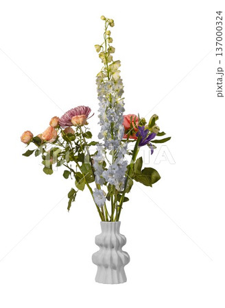 Mixed bouquet in sculptural ceramic vase isolated background. Delphinium elatum and garden flowers minimal composition. Spring floral interior decor concept.. Mixed bouquet in sculptural ceramic vase isolated background. Delphinium elatum and garden flowers minimal composition. Spring floral interior decor concept.. 137000324