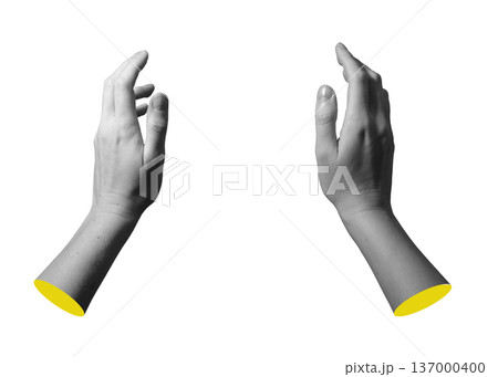 Two hands positioned opposite isolated on white background. Human arms create symmetrical open pose. Interaction, collaboration, partnership concept.. Two hands positioned opposite isolated on white background. Human arms create symmetrical open pose. Interaction, collaboration, partnership concept.. 137000400