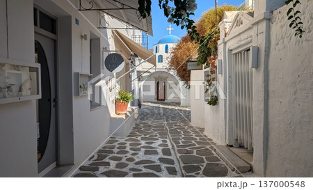 A blue dome white church at the end of the cobblestone street in the touristic area 137000548