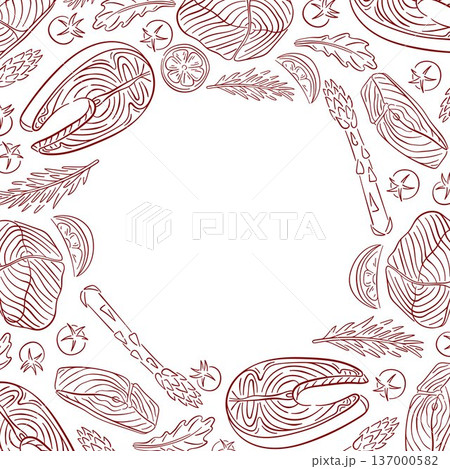 Salmon frame with steak, fillet cuts, herbs, asparagus and spices in line art style. Illustration isolated on white background for restaurant menu, seafood store branding, food packaging and culinary. 137000582