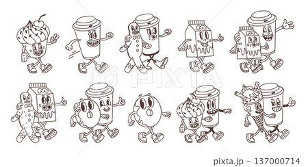 Line coffee and sweets set with groovy retro cartoon coffee and dessert characters in outline style. Line street food vector elements. Great for stickers, coloring pages and menus. 137000714