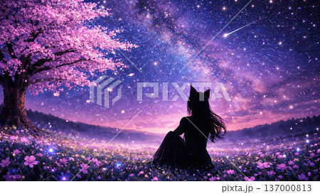 流れ星と夜桜を静かに眺める獣耳女性のシルエット 137000813