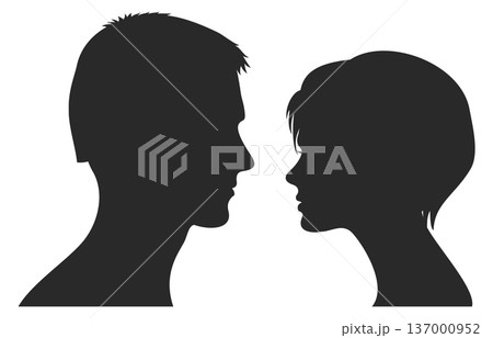 Boyfriend and girlfriend face together. Black head silhouettes 137000952