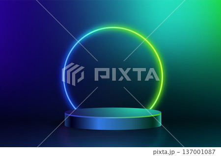 Illuminated circular podium with vibrant neon glow Illuminated circular podium with vibrant neon glow 137001087