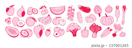Hand drawn fruits and vegetables vector set in trendy pink monochrome style. Fresh organic food collection with apple, banana, carrot, pumpkin and more. Perfect for healthy branding, packaging, market 137001265