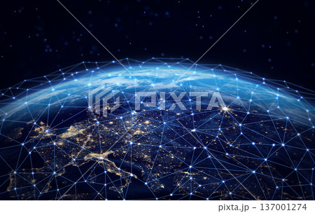 Global network connection covering the Earth planet. Europe at night. 137001274
