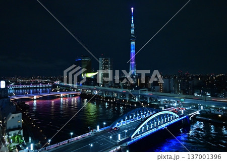 隅田川から見たスカイツリーと夜景 137001396