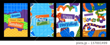 Cut out colorful elements posters designs vector set, torn edge papers pieces various shapes, different patterns, slogan Cut out colorful elements posters designs vector set, torn edge papers pieces various shapes, different patterns, slogan 137001499