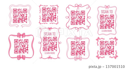 Qr Code Ribbon QR code in vintage pink ribbons frame with bows...のイラスト素材 [137001510 ...