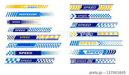 Racing stripes, strips arrows with Speed text, race flag, blue, yellow white checkers, flag sport car decal vector set 137001605