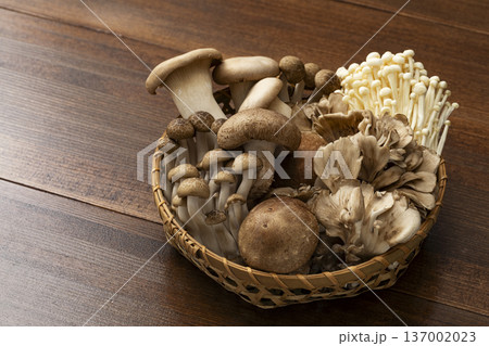 ざるに盛った各種きのこ 137002023