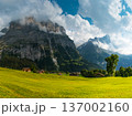 Majestic mountains rise in the background as quaint wooden cabins dot green landscape. A winding path guides a visitor through this serene Swiss alps. Grindelwald Jungfrau Bernese alps Switzerland. 137002160