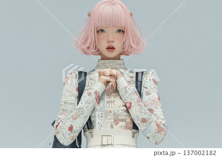 絵美シリーズ：袖に触れて佇む20代女性｜繊細でやさしい雰囲気のポートレートイラスト 137002182