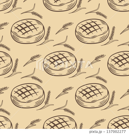 Seamless pattern of bread loaves with spikes of wheat or rye 137002277
