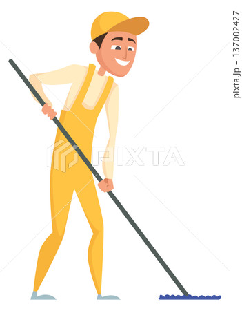 Happy janitor working. Professional cleaner cartoon character 137002427