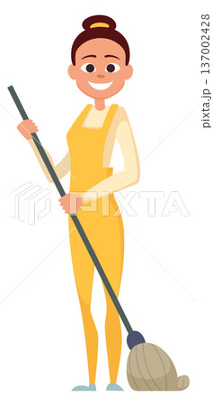 Smiling woman with broom. Cleaning service cartoon mascot 137002428