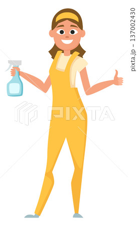 Professional cleaner woman with cleaning spray bottle cartoon mascot Professional cleaner woman with cleaning spray bottle cartoon mascot 137002430