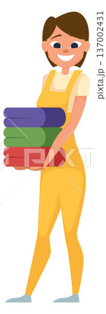 Girl with clean clothes. Laundry worker cartoon character Girl with clean clothes. Laundry worker cartoon character 137002431