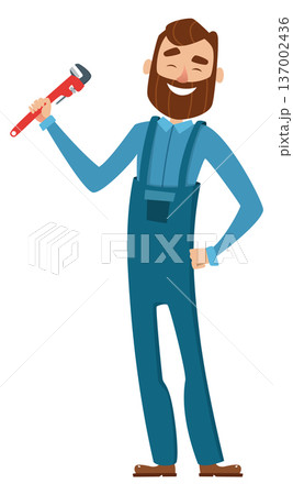 Cheerful technician mascot with spanner. Working plumber character 137002436