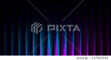 Abstract 3D glass shape with neon gradient light effects. Futuristic ribbed background featuring blue, pink, and violet prismatic textures for modern design projects. 137002439
