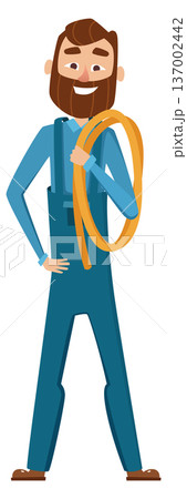 Handyman mascot in blue uniform. Cartoon plumber character 137002442