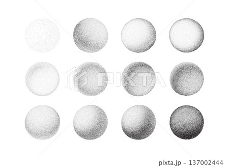 Set Grainy circular gradient with halftone dots creating a 3D sphere effect on white background, perfect for abstract design projects and textured graphics Set Grainy circular gradient with halftone dots creating a 3D sphere effect on white background, perfect for abstract design projects and textured graphics 137002444